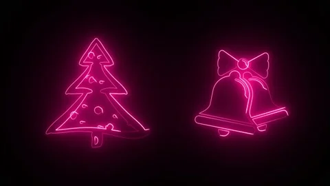 Drawing christmas neon lines tree and bells icons holiday staff items pink g Stock Footage 223602487