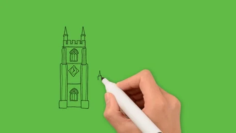 Drawing an clock tower art with color combination on green background Vidéo 149654095