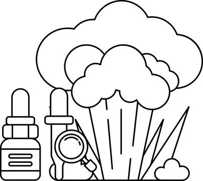 A drawing of a cloud with a bottle of medicine and a magnifying glass Stock Illustration
