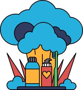 A drawing of a cloud with a bottle of shampoo, a toothbrush Stock Illustration