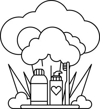 A drawing of a cloud with a bottle of shampoo, a toothbrush Stock Illustration