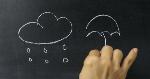 Drawing cloud with rain and umbrella on chalkboard Stock Footage 112678779