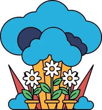 A drawing of a cloudy sky with three potted flowers in the foreground Stock Illustration