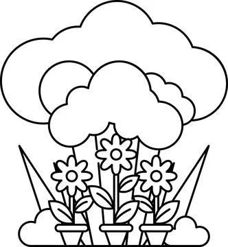 A drawing of a cloudy sky with three potted flowers in the foreground Stock Illustration