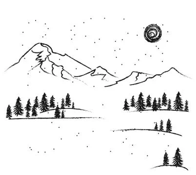 Drawing with coal is a winter forest and mountains on a sunny day for winter Stock Illustration