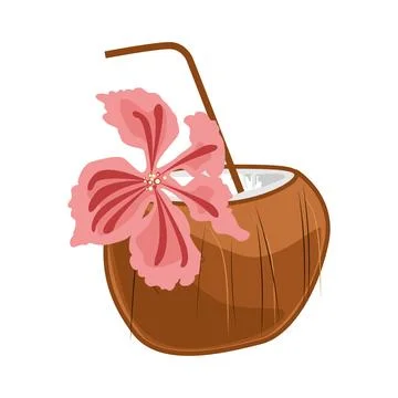Drawing of a coconut drink. a flat illustration of a summer refreshing tropic 스톡 일러스트