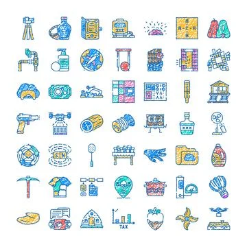 Drawing a collection of various hand drawn colorful doodle icons 스톡 일러스트
