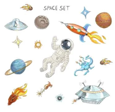 Drawing of colorful space objects: astronaut, alien, ufo, spaceship, comet Stock Illustration