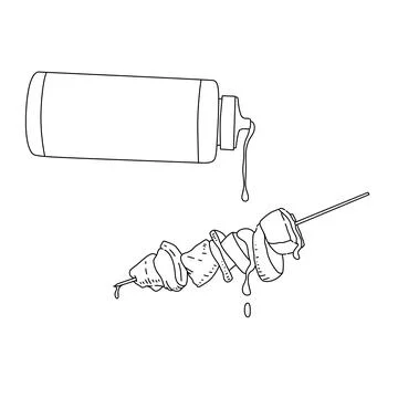 A drawing Coloring page of a bottle of tomato sauce pouring on a grill barbeque  Stock Illustration