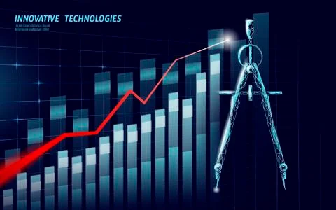 Drawing compass 3D low poly symbol. Growing profit graph strategy solution Stock Illustration