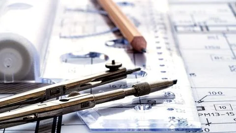 Drawing compass on drawing table and table Stock-Fotos