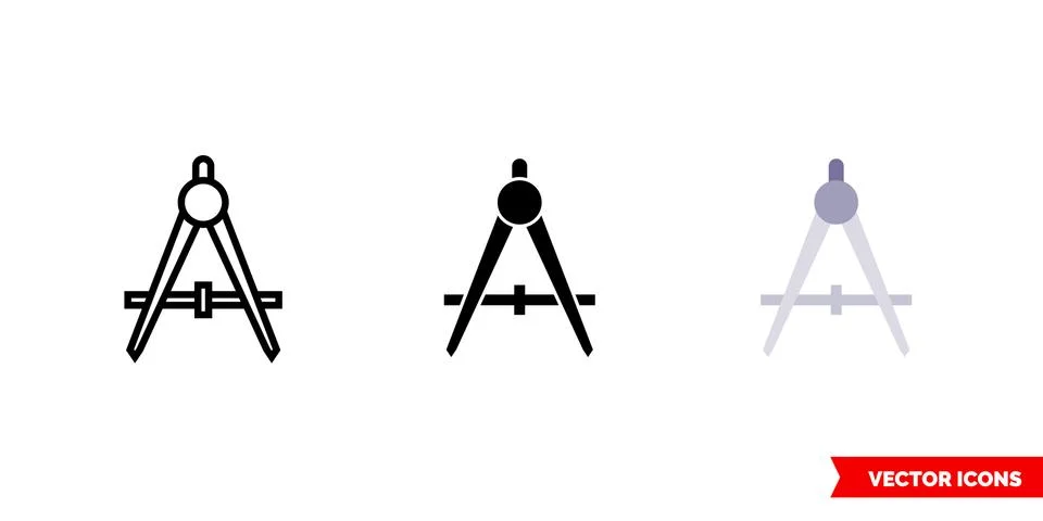 Drawing compass icon of 3 types color, black and white, outline. Isolated vector Stock Illustration