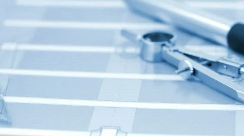 Drawing compass, pen &amp; blueprint Stock Footage 740638