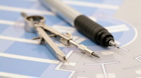 Drawing compass, pen &amp; plan interior Stock Footage 622697