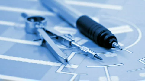 Drawing compass, pen &amp; plan interior Stock Footage 669192