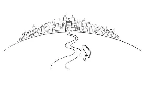 Drawing of Conceptual Winding Way Forward to Cityscape or City on Horizon Stock Illustration