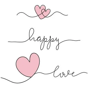 Drawing of a continuous line of hearts. Hand-drawn inscriptions of love and Stock Illustration
