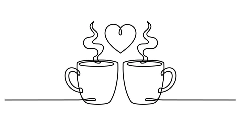 Drawing a continuous line. Two cups of coffee with foam heart. Hand drawn v.. Stock Illustration