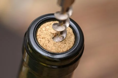 Drawing corks from bottle of wine with corkscrew Stock Photos
