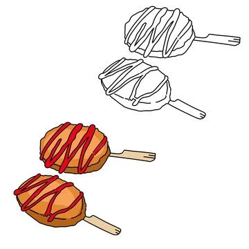 A drawing of a corn dog  with a red tomato sauce coloring page and book for kids Illustrazione stock