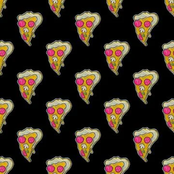 Drawing with crayons on a black board. Pizza slices in the form of a scary fa Stock Illustration