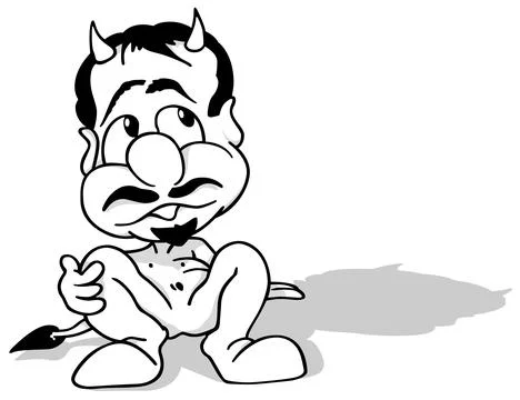 Drawing of a Cute Devil Sitting on the Ground Stock Illustration