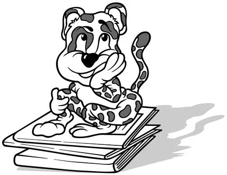 Drawing of a Cute Dreamy Leopard Sitting on School Notebooks Stock Illustration