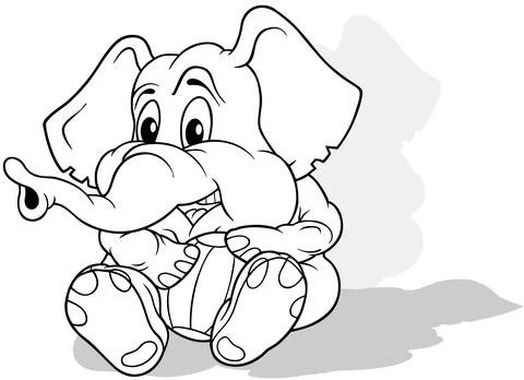 Drawing of a Cute Elephant Sitting on the Ground and Holding Beach Ball Stock Illustration