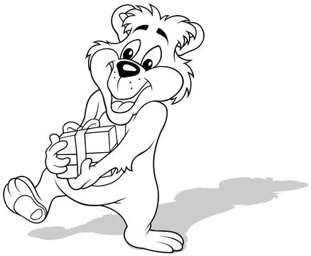 Drawing of a Cute Smiling Teddy Bear Holding a Gift in his Paws Stock Illustration