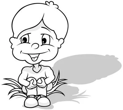 Drawing of a Dark Haired Boy Sitting in the Grass Stock Illustration