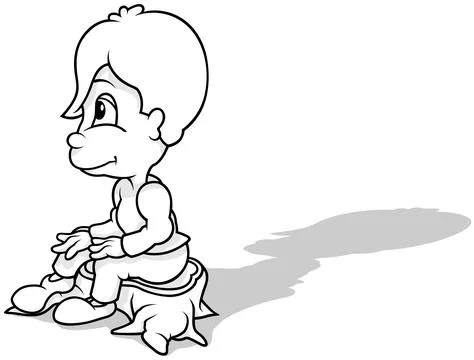 Drawing of a Dark Haired Boy Sitting on a Tree Stump Stock Illustration
