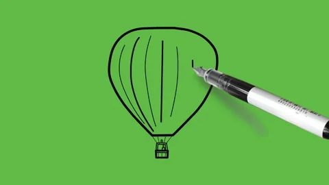 Drawing a decent tiny hot air balloon with colour combination on abstract green Video stock 151369625
