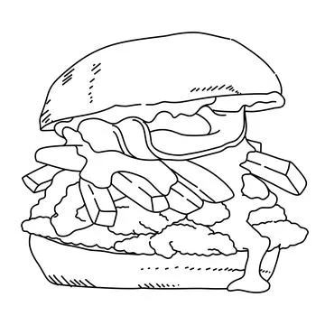 A drawing of a delicious basic beef  bacon burger with fries and ketchup  fast f Stock Illustration