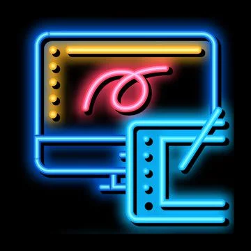 Drawing design tablet and computer screen neon glow icon illustration Stock Illustration