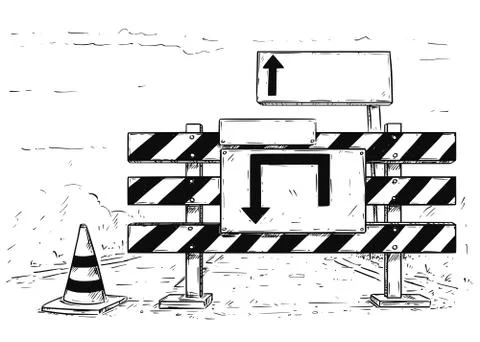 Drawing of Detour Road Block with Empty Blank Sign Stock Illustration