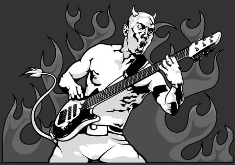 Drawing of a Devil Guitarist with Flames Stock Illustration