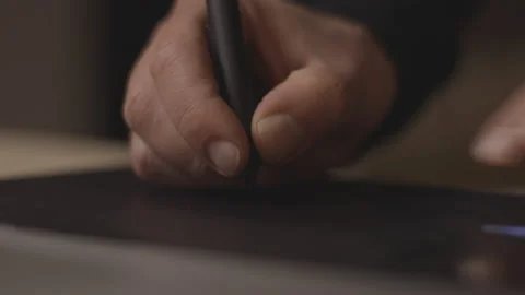 Drawing in digital, computer graphic concept. Cinematic shot of black tablet Video stock 146100487