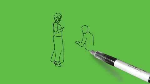 Drawing discussing two person with computer in black and blue dress colour Видео 156382912