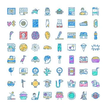 Drawing diverse colored objects and symbols collection Stock Illustration