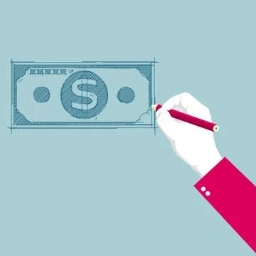 Drawing dollar banknotes using a pencil. Isolated on blue background. Illustrazione stock