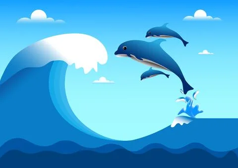Drawing dolphin fish and wave ocean happy jumping with wave  vector Stock Illustration