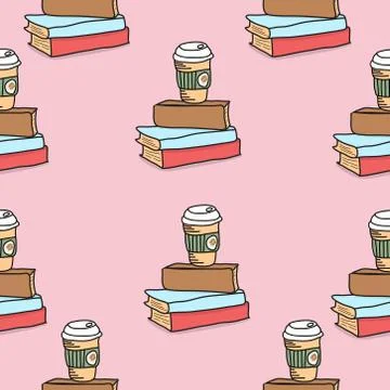 Drawing doodle coffee with book vector pattern Stock Illustration