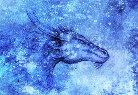 Drawing of dragon head on abstract background. Profile portrait. Stock Illustration