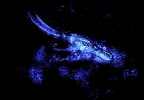 Drawing of dragon head on abstract background. Profile portrait. Stock Illustration