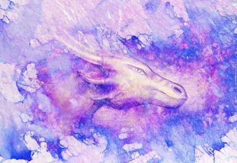 Drawing of dragon head on abstract background. Profile portrait. Stock Illustration