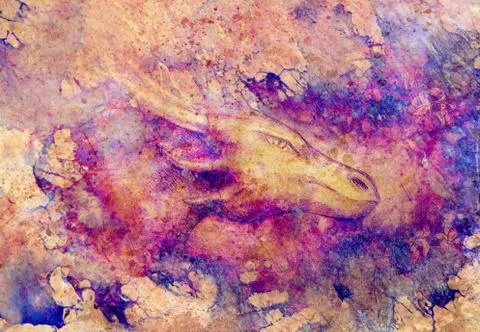 Drawing of dragon head on abstract background. Profile portrait. イラスト素材