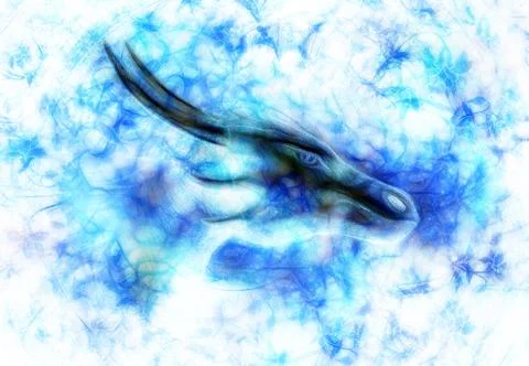 Drawing of dragon head on abstract background. Profile portrait. イラスト素材