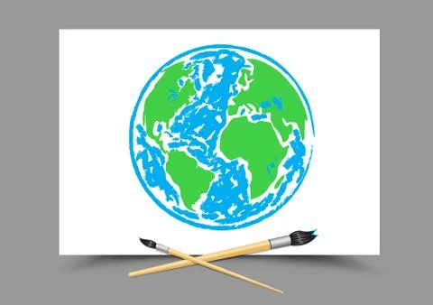 Drawing Earth on white paper Stock Illustration