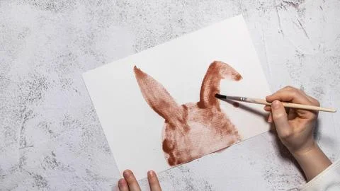 Drawing Easter rabbit bunny Storytelling of creating craft Easter greeting card Stock Photos
