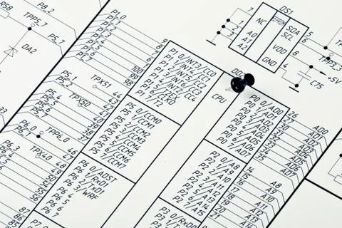 Drawing electrical circuit and pushpin Foto stock
